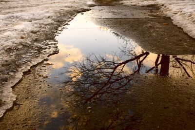 Reflection of clouds in puddle on lake