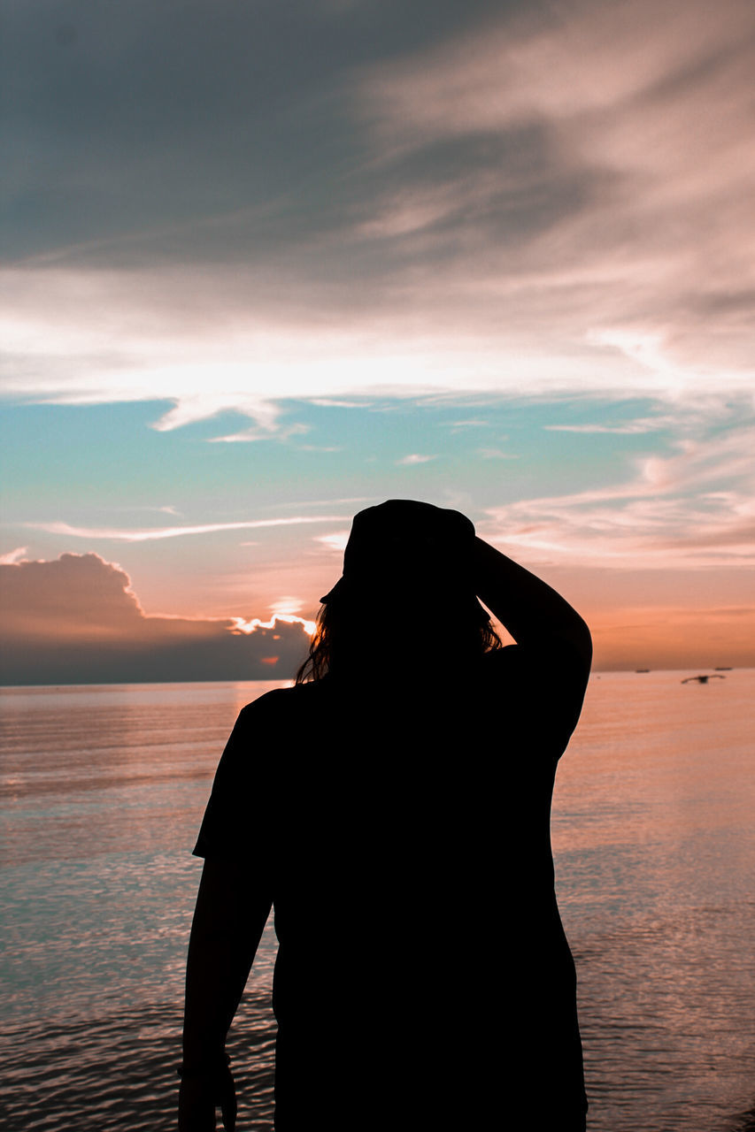 REAR VIEW OF SILHOUETTE MAN STANDING AT SEA SHORE AGAINST SKY