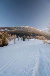 Scenic view of snowcapped landscape against clear sky