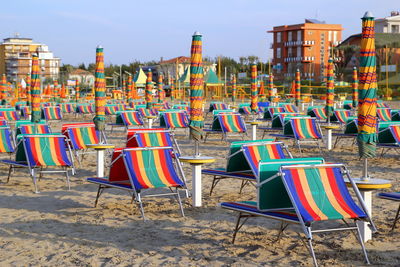 The empty beach with a lot of sunbeds and umbrellas. rimini, italy.