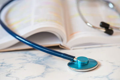 Close-up of stethoscope on table