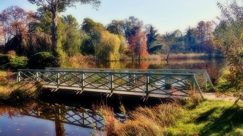 Scenic view of lake against clear sky during autumn