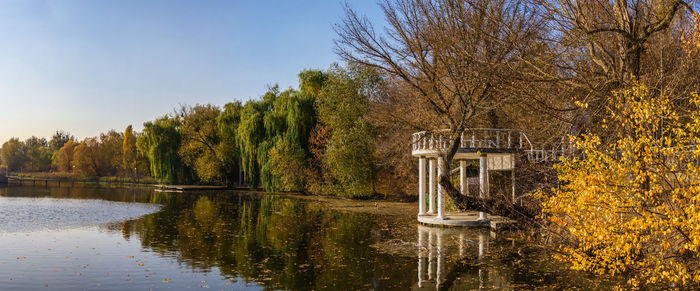 Autumn evening on the blue lake with yellow trees. the ivanki village in cherkasy region, ukraine