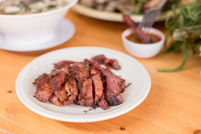 High angle view of food in plate on table