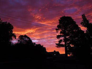 Silhouette trees against dramatic sky at sunset