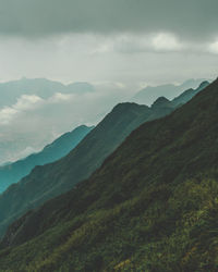 Scenic view of mountain range against cloudy sky