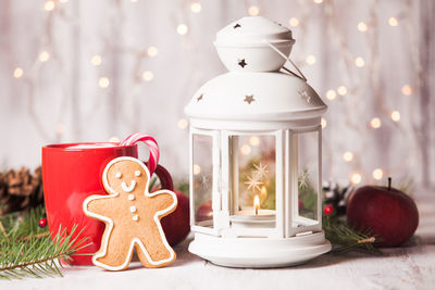 Close-up of christmas decoration on table