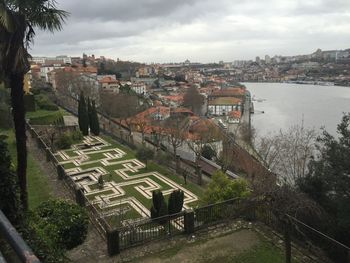 High angle view of townscape by river against sky