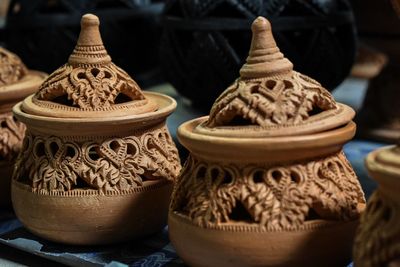 Close-up of carving on table
