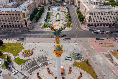 Aerial view of the kyiv ukraine above maidan nezalezhnosti independence monument.