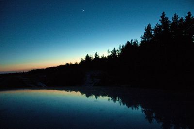 Reflection of trees in calm sea at dusk