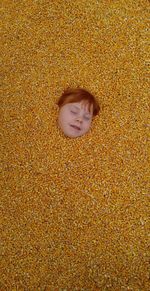 Directly above shot of girl covered with corn kernels