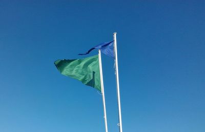 Low angle view of pole against clear blue sky