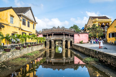 Reflection of building in pond