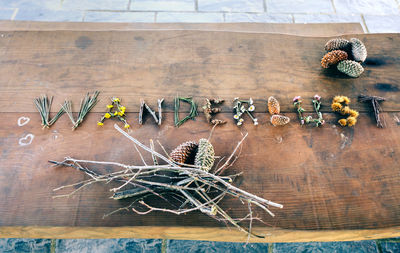 High angle view of text on table