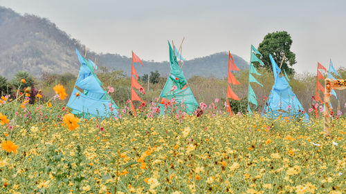 Scenic view of flowering plants and trees on field against sky