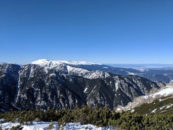 Scenic view of snowcapped mountains against clear blue sky