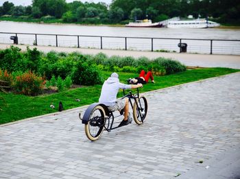 Rear view of man riding bicycle on footpath