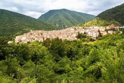 High angle view of buildings against sky