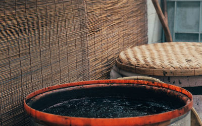 High angle view of wicker basket on table