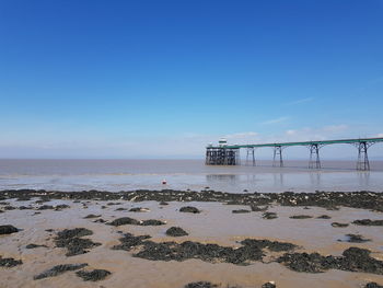 Scenic view of sea against clear blue sky