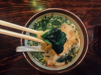 High angle view of soup in bowl on table