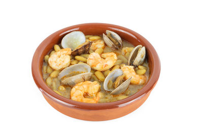 High angle view of soup in bowl against white background