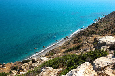 High angle view of beach against blue sky