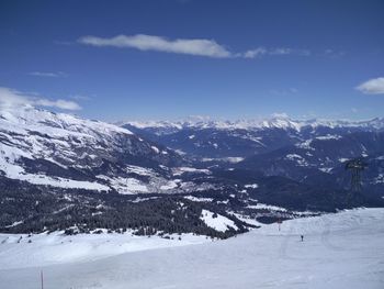 Scenic view of snow covered mountains against sky