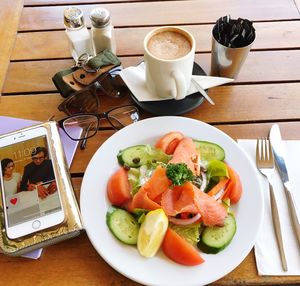 High angle view of breakfast on table