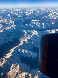 Aerial view of snow covered landscape against sky