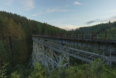 Bridge in forest against sky