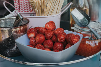 High angle view of fruits in bowl on table