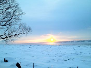 Snow covered landscape at sunset