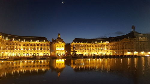 Reflection of illuminated buildings in water at night. bordeaux 