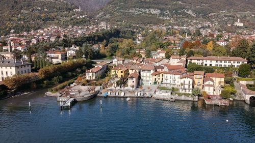 High angle view of townscape by como lake