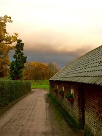 Footpath amidst trees against sky during sunset