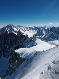 Scenic view of snow covered mountains against clear blue sky