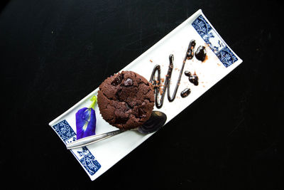 High angle view of chocolate cake on table