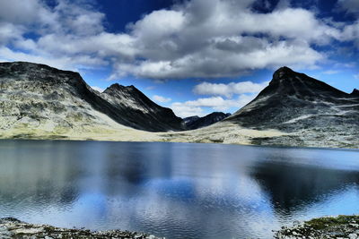 Scenic view of lake and mountains against sky