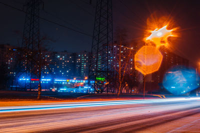 Light trails on road at night