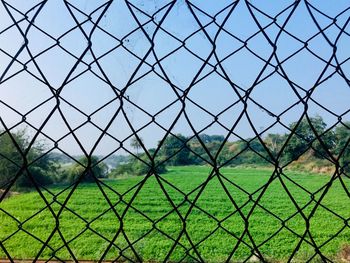 Scenic view of field seen through chainlink fence