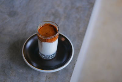 High angle view of coffee on table