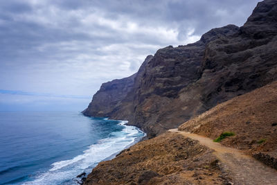 Scenic view of sea and mountains against sky