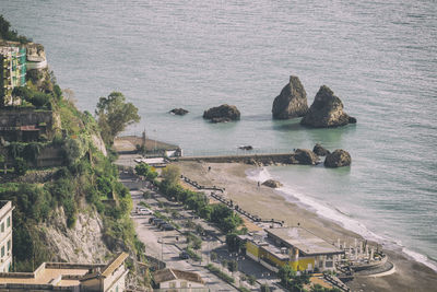 Vietri sul mare, italy - november 20, 2019 panoramic view in vintage style of a coastal village