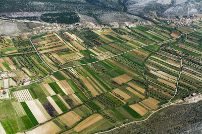 Aerial view of fertile fields in zadar region near adriatic coast