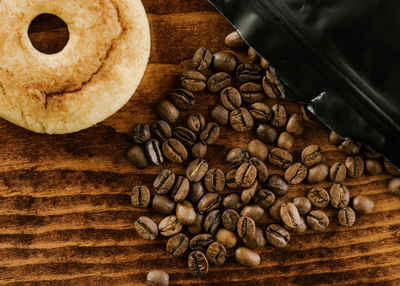 High angle view of coffee beans on table