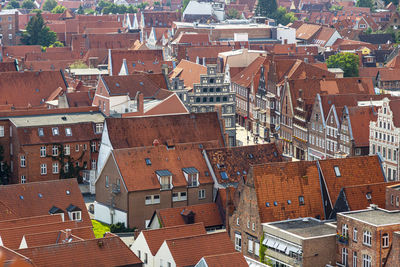 High angle view of residential buildings in city