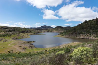 Scenic view of lake and mountains against sky