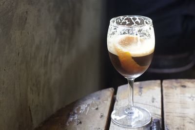 Close-up of beer glass on table